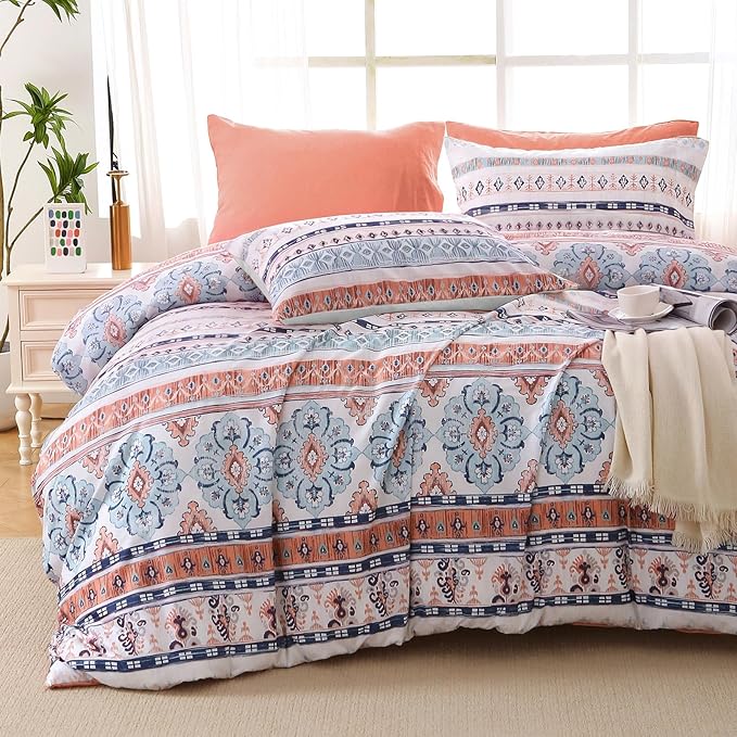 MUXHOMO Boho Pink Bed in a Bag Queen 7 Pieces, Queen Comforter Set Reversible Botanical Flowers Design, Ultra Soft & Breathable Bedding Sets with Comforter, Sheets, Pillowcases & Shams
