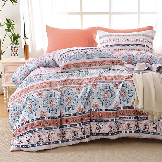 MUXHOMO Boho Pink Bed in a Bag Queen 7 Pieces, Queen Comforter Set Reversible Botanical Flowers Design, Ultra Soft & Breathable Bedding Sets with Comforter, Sheets, Pillowcases & Shams
