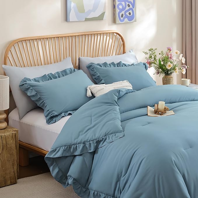 JANZAA King Size Comforter Set Mineral Blue Ruffle Comforter 3PCS Soft Fluffy Boho Comforter Vintage Farmhouse Bed Comforter Set Shabby Chic Bedding with 2 Pillowcases for All Season