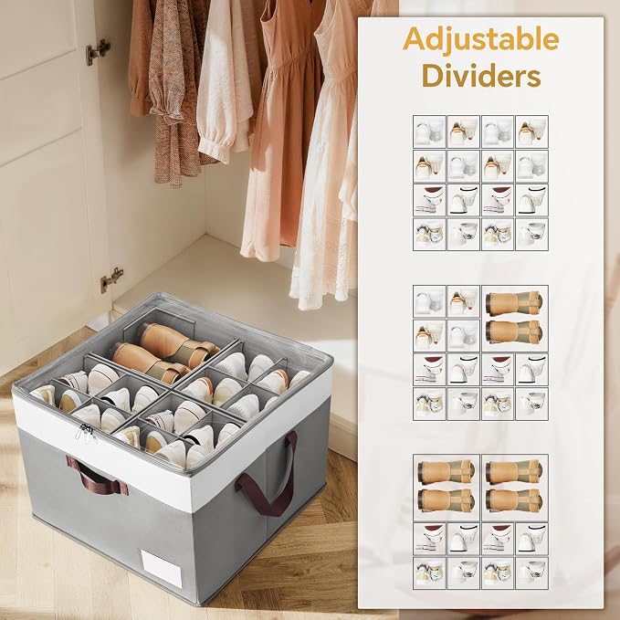 Criusia Shoe Organizer for Closet, 2 Pack Foldable Shoe Storage Organizer Box Bin with Adjustable Dividers and Clear Cover, Closet Shoe Storage for Sneakers Sandals Boots, Fit 16-32 Pairs, Gray - Image 4
