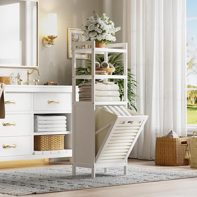 HITNET Bamboo Tilt Out Hamper, 10 Gal Bathroom Laundry Cabinet with Hidden Foldable Basket, Freestanding Clothes Storage Organizer with Storage Shelf, White - Image 2