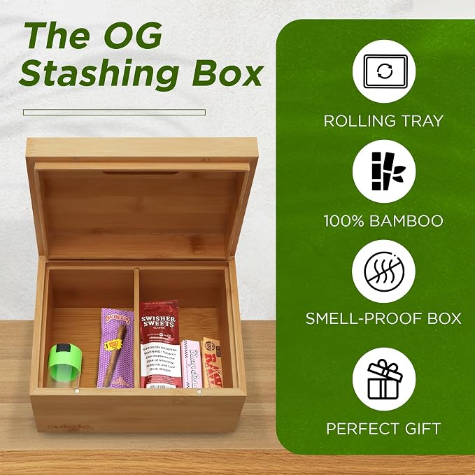 Subtle Rolling Tray Stash Box - Large Bamboo Box w/Ample Storage Space to Organize Herb Accessories - Comes with Convertible Rolling Tray Lid - (10" x 8" x 3.5") - Image 7