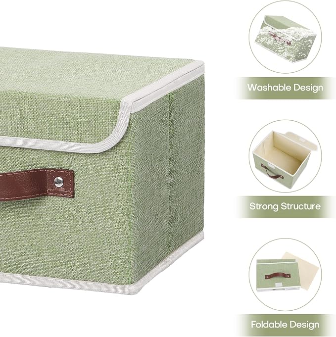 ANMINY Storage Bin with Lid Storage Boxes with PU Leather Handles PP Plastic Board Decorative Foldable Lidded Cotton Linen Fabric Home Cubes Baskets Closet Organizer Container - Green, Small Size - Image 4