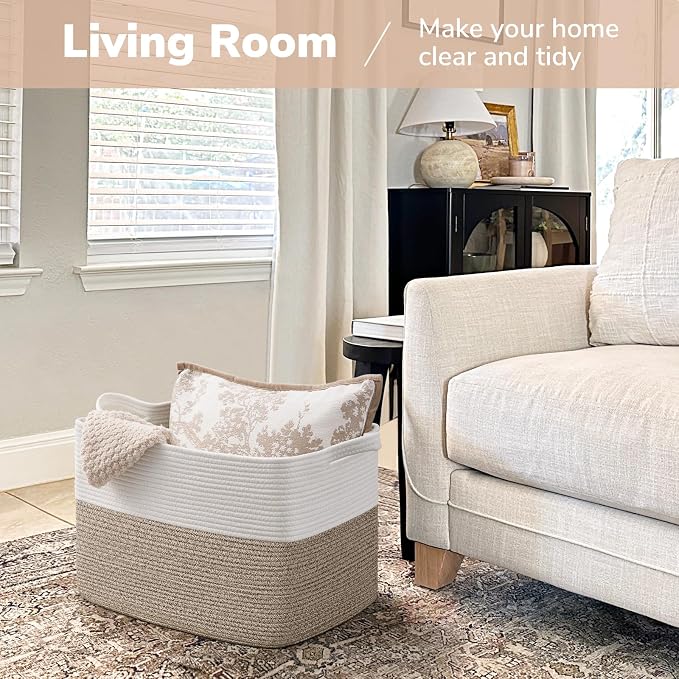 Goodpick Woven Baskets for Organizing, 18" x 14" x 12" Blanket Storage for Living Room Home Decor, Rectangle Toy Storage Basket for Kids, Large Gift Baskets Empty, White & Brown - Image 2