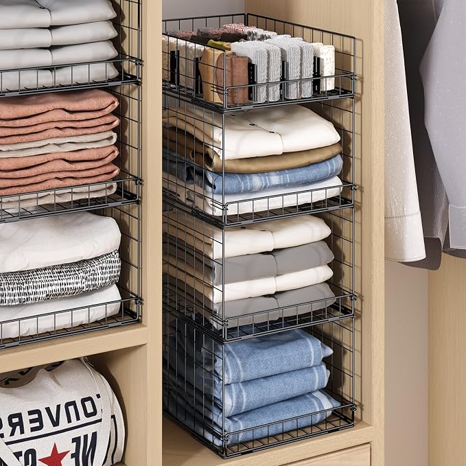 4 Pack Closet Organizers and Storage Shelves for Clothes, 4 Tier Stackable Closet Storage Basket Bin Container for Clothing Sweater Jean, Narrow, Foldable, Sturdy Metal System Organizer Shelf - Image 5