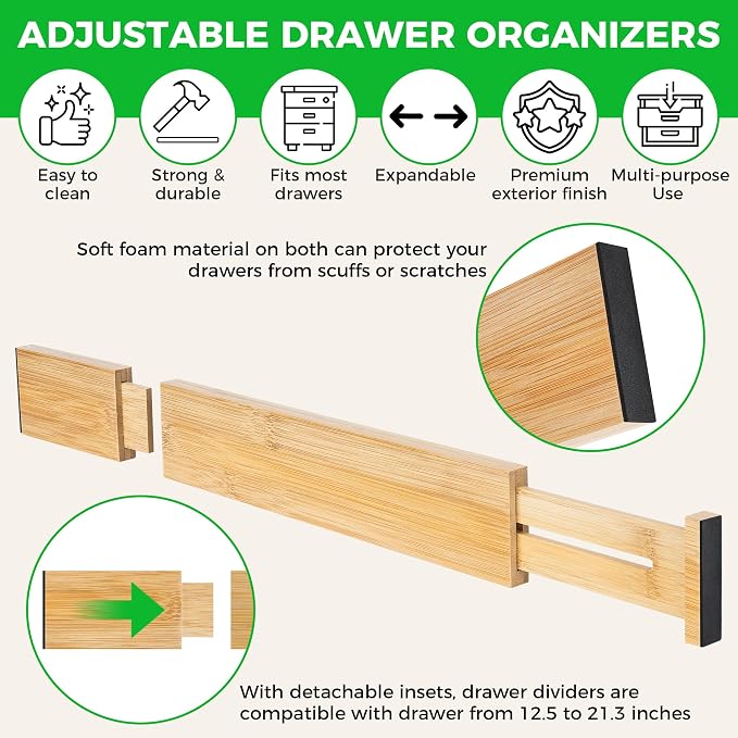 4 Pack Bamboo Kitchen Drawer Dividers with Inserts 2.6" High, Adjustable from 12.5 Inch to 21.7 Inch Drawer Organizers, Expandable Drawer Separators for Clothes, Bedroom, Dresser, Office (Beige) - Image 3