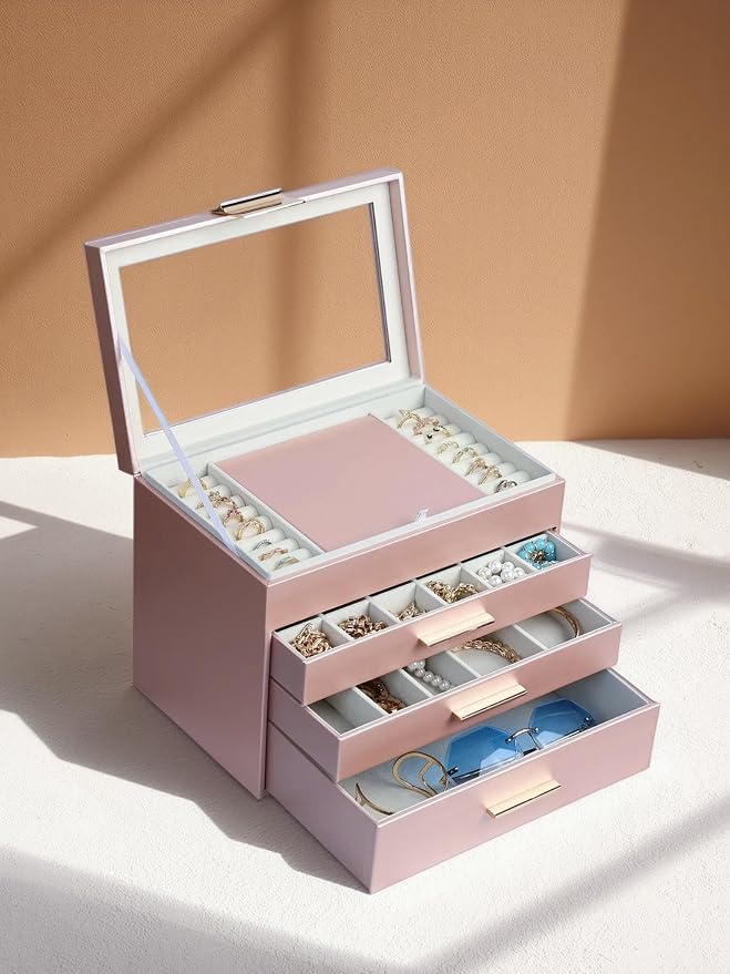 BOOVO Jewelry Boxes for Women, White and Black 6 Layer Large Jewelry Box for Necklace, Bracelet, Earrings, Rings Storage, Jewelry holder Organizer for Girls Gift (Rose gold, 4 layer) - Image 7
