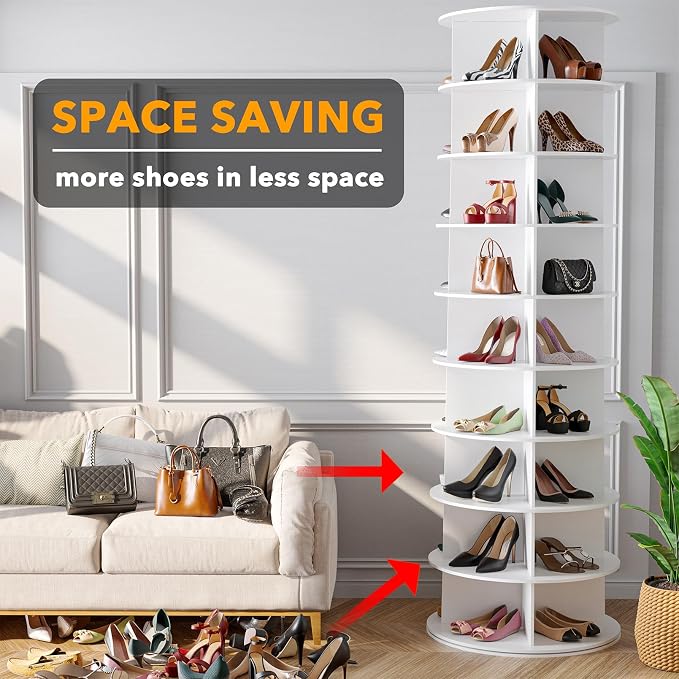SpaceAid 9 Tier Rotating Shoe Rack Tower, Spinning Shoe Display Lazy Susan, Revolving 360 Shoe Rack Storage Round Carousel, Vertical Handbag Rotate Shoes Closet Organization (9-Tier White) - Image 3