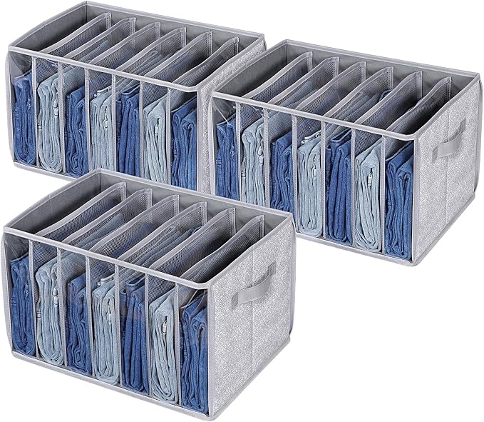 Zilink Upgraded Wardrobe Clothes Organizer with Support Board Clear Pants Organizer for Closet with 7 Grids Storage Bin with Dividers for Jean Pant Sweater Legging T-Shirt, 3 Pack by Zilink