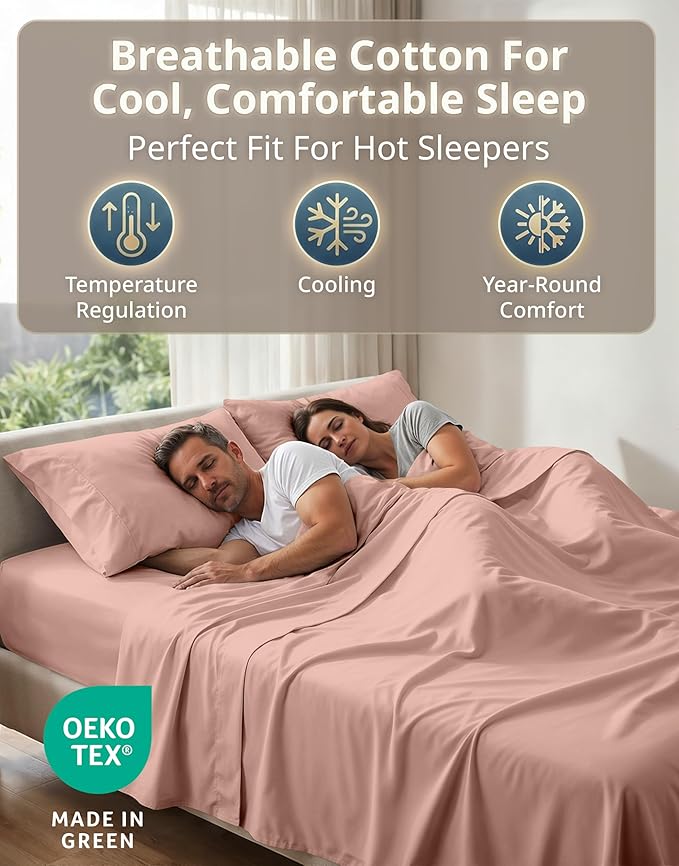 LANE LINEN Queen Sheet Sets – Natural 100% Cotton 600 Thread Count Cooling Sheets Queen, Soft Comfort for Restful Sleep, Easy Care & Machine Washable for Everyday Use, 15" Deep Pocket – Sepia Rose