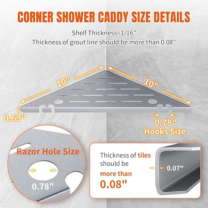 Shower Corner Shelf Organizer Rack with Hooks & Razor Hole, No Drilling Tile Shower Shelves, Rustproof Stainless Steel Bathroom Shelves Basket, Modern Corner Shelf for Bathroom, 2Pack-Silver - Image 2