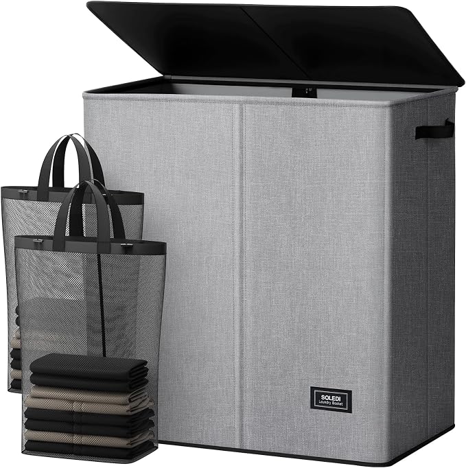 SOLEDI Large Double Laundry Hamper with Lid,165L Collapsible Clothes Hamper 2 section with Removable Bags, Space-Saving Laundry Basket for Bedroom, Dorm, College by SOLEDI