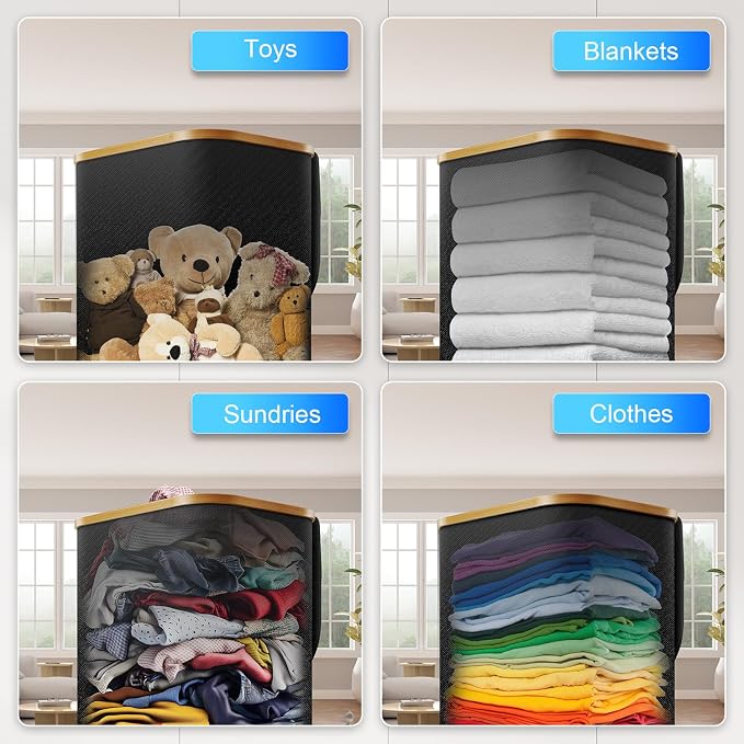 Laundry Hamper with Wheels,29 Gal (110L) Laundry Basket with lid Rolling Clothes Hamper Foldable Dirty Clothes Basket on wheels with Bamboo Frame and Bag for Bedroom, Dorm, Laundry Room-Black - Image 7