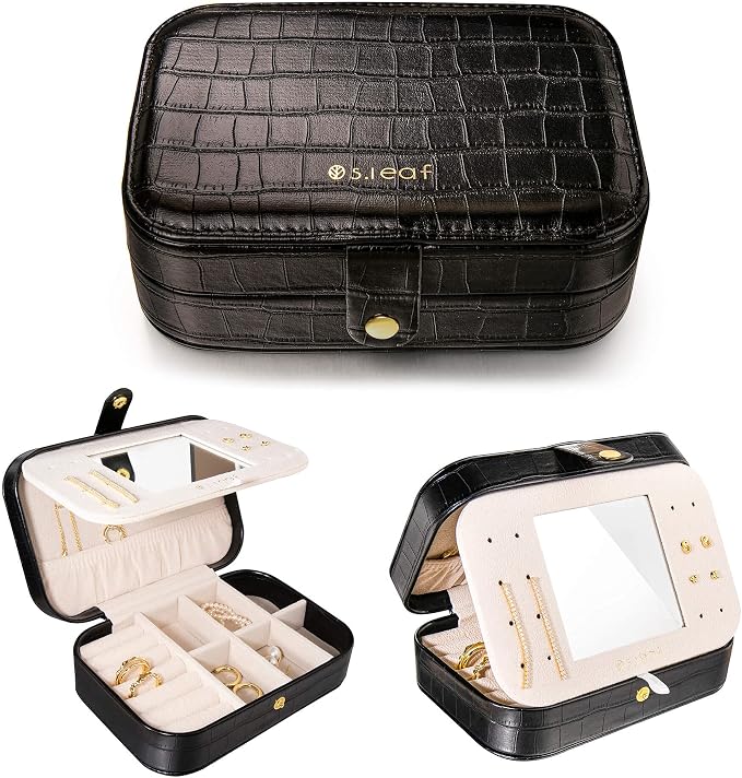 S.Leaf Travel Jewelry Organizer Boxes for Women Small Portable Necklace Earrings Bracelet Rings Travel Case Best Friend Birthday Gifts for Women Trendy (15_Crocodile_Black_Big) by SLeaf