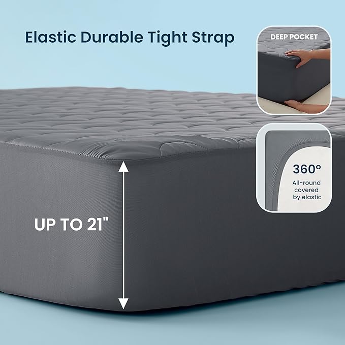 Sleep Zone Cooling Mattress Protector Full, Waterproof Bedding Pad for Hot Sleepers, Soft & Breathable Mattress Topper, Deep Pocket Mattress Cover, Hotel Quality (Dark Gray，Full)