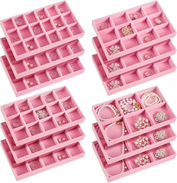 Junkin 12 Pcs Jewelry Tray Velvet Stackable Jewelry Organizer Trays Divided Earring Accessories Storage Containers Box (Rose Red) by Junkin