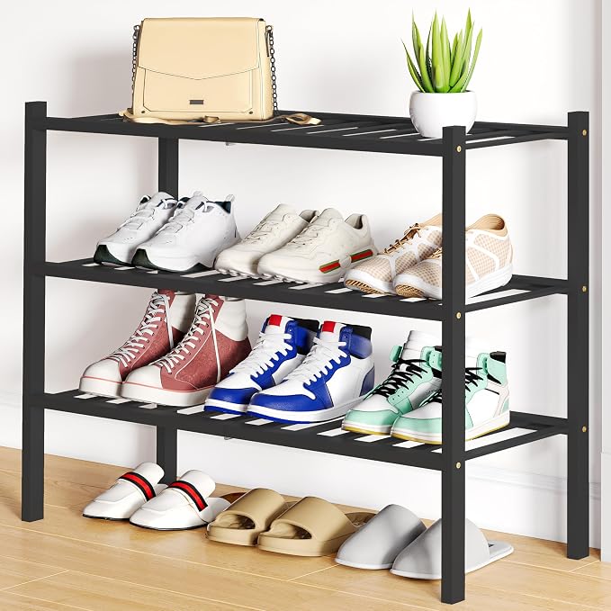 Smiry Shoe Rack, 3 Tier Bamboo Shoe Organizer, Stackable Free Standing Wooden Shoe Storage Shelf for Closet, Entryway, Front Door Entrance, Black by Smiry