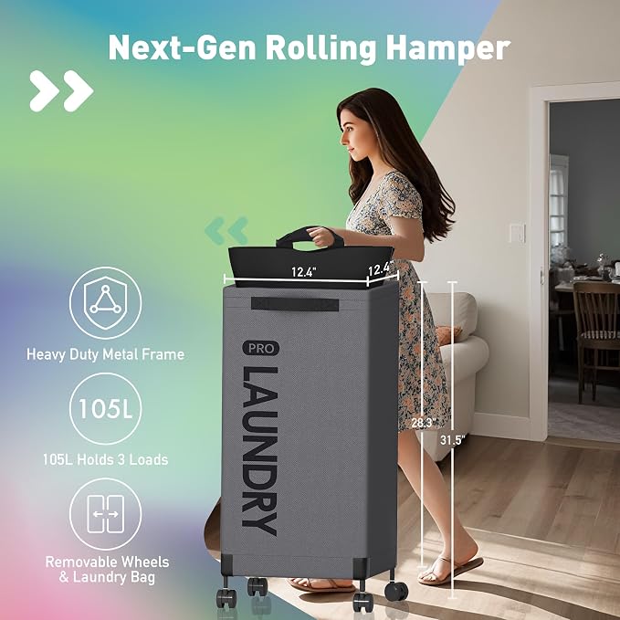 Caroeas Next-Gen 105L Matel Frame Laundry Basket with wheels, Clothes Hamper For Laundry Room (105L,Grey,2Pack) - Image 2
