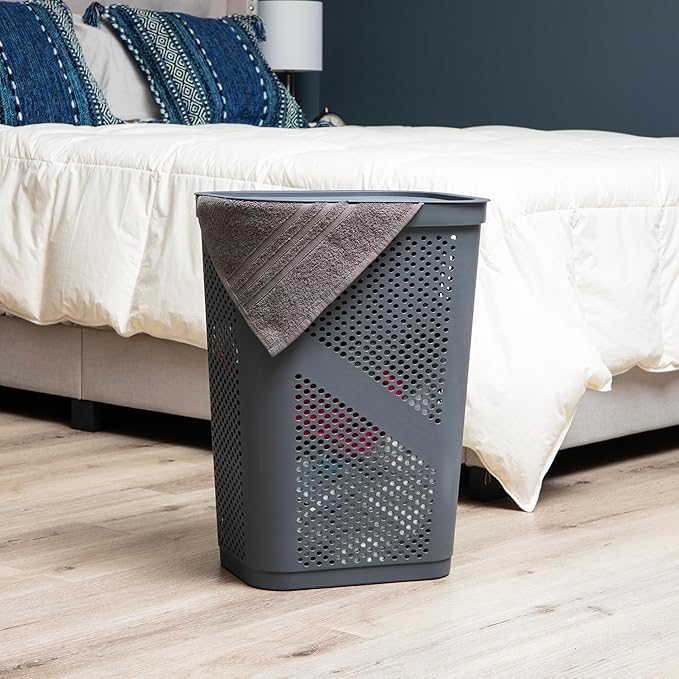 Mind Reader Slim Laundry Hamper with Lid, 60L Clothes Basket, Ventilated Plastic, Gray - Image 2