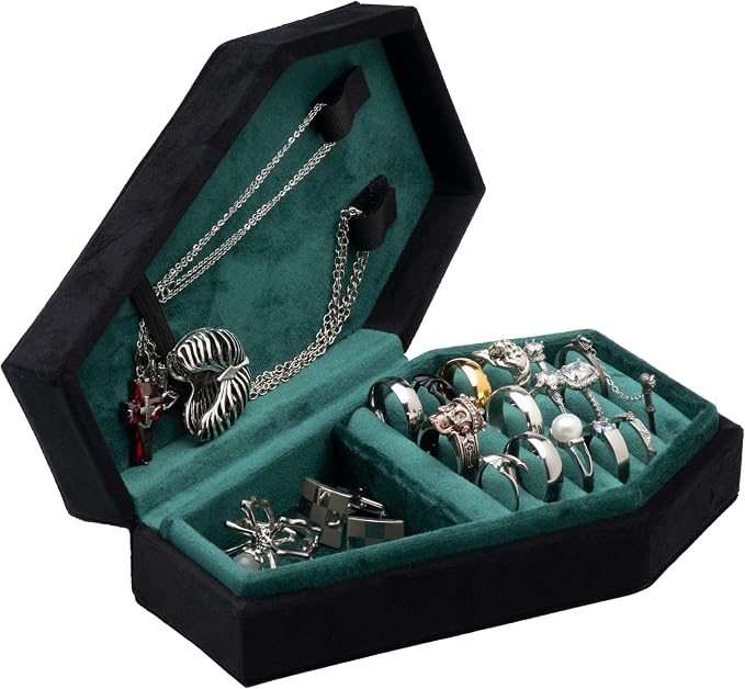 Velvet Coffin Jewelry Travel Case Holder for Gothic Wedding Ceremony Jewelry Organizer Decoration (Black and Green) - Image 4