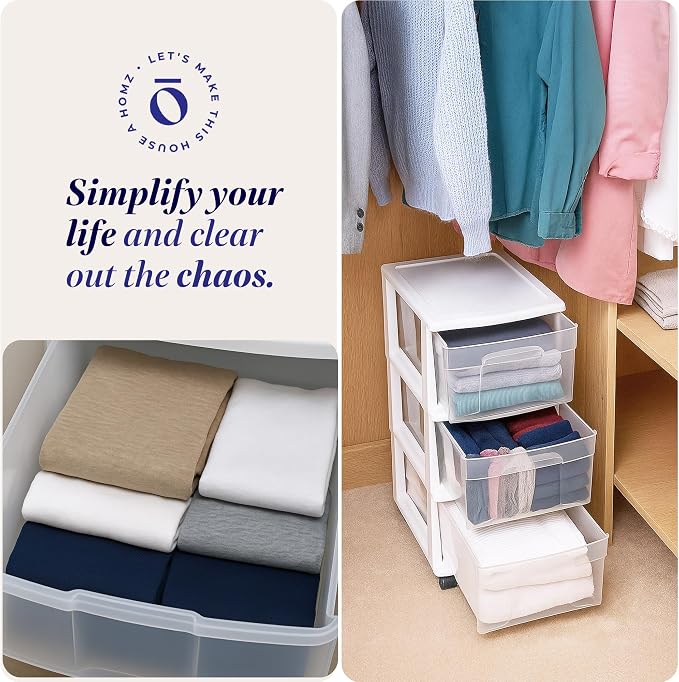HOMZ Drawer Tower, 3-Tier Rolling Storage Cart with Removable Wheels, White Frame – Plastic Organizer with Clear Bin Drawers for Bedroom, Bathroom, Home Office, and Dorm Room - Image 8