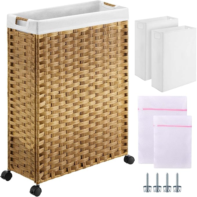 Greenstell Laundry Hamper with Wheels, 17.4 Gallon (66L) Slim Laundry Basket with 2 Removable Liner Bags & 2 Mesh Bags, Narrow Rattan Clothes Hamper for Bedroom, Laundry Room, Bathroom, Natural by Greenstell
