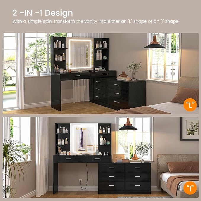 FIONESO Vanity Desk with LED Light Mirror & Power Outlet, 8 Drawers, 6 Storage Shelves, 3 Color Modes & Adjustable Brightness Makeup Vanity, Corner Vanity, L Shape Vanity, 39.4”-64.9" Desk, Black