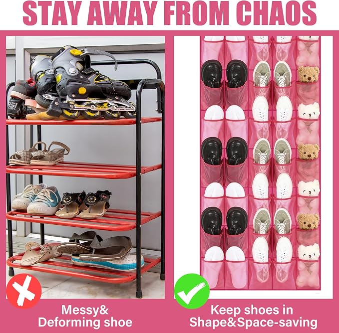 Windyun 40 Over the Door Shoe Organizer Large Mesh Pocket Hanging Shoe Rack for Closet Rose Red Nonslip Behind Door Storage Holder Back to School Organizer for Dorm Room College Classroom Storage - Image 3