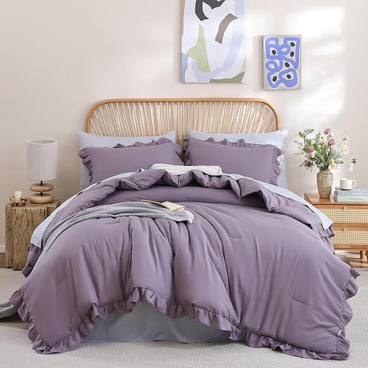 JANZAA Twin Comforter Set Grayish Purple Ruffle Comforter with 1 Pillowcase Soft Twin Size Bed Set Vintage Farmhouse Bed Comforter Set Fluffy Shabby Chic Bedding for All Season
