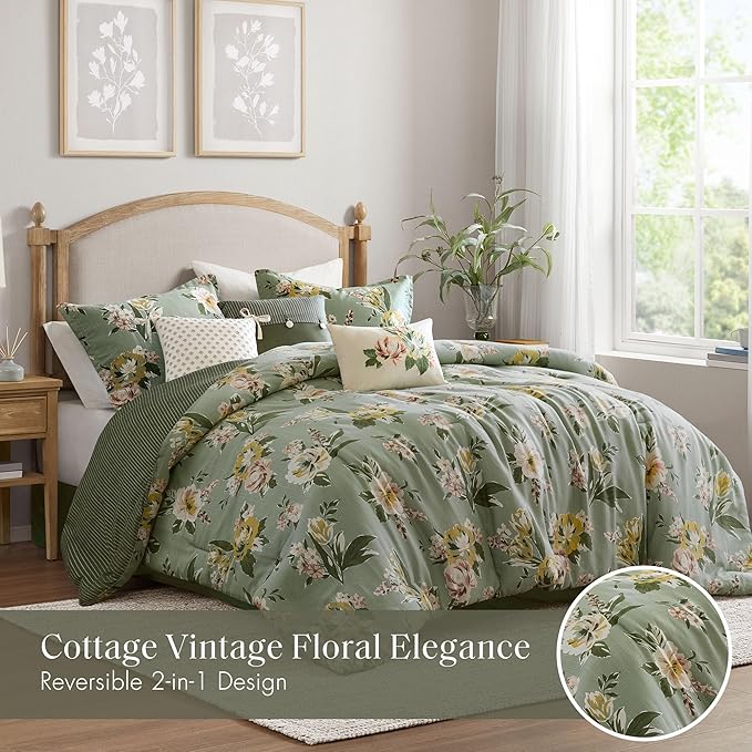 Madison Park Vintage Floral Reversible Comforters King Size Bed, All Season, Down Alternative Bedding Comforter, Bedskirt, Pillows, Shams, Salara, Queen Green 7 Piece | Reversible