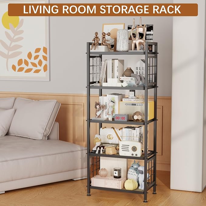 GIOTORENT 5-Tier Pantry Shelves with Wooden Boards, Heavy Duty Storage Shelves & Book Shelf, Adjustable Metal Shelving Unit for Kitchen Bathroom Laundry Organizer, Sturdy Rust-Resistant, Black - Image 5