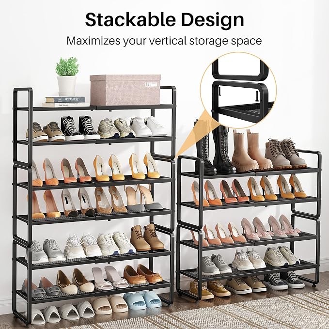 SNTD Shoe Rack - Expandable Shoe Organizer for Closet, Adjustable Metal Shoe Shelf Storage, Stackable Long Shoe Stand Holder for Garage, Entryway, Door Entrance (Black, 4-Tier) - Image 6