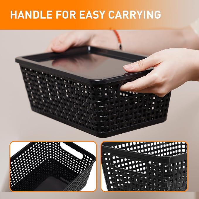 Plastic Storage Baskets With Lid, Storage Bins for Organizing, Stackable Decorative Containers for Shelves Drawers Desktop Closet Playroom Classroom Office,10 Pack-Black - Image 3