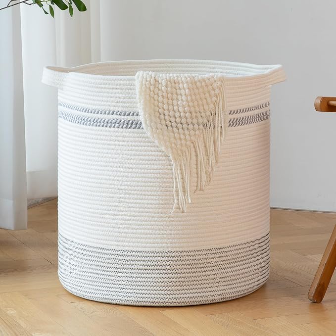 OIAHOMY 80L Laundry Basket, Laundry Hamper, Cotton Rope Storage Basket with Handles, Decorative Woven Basket for Living Room,Storage Baskets for Clothes, Blankets, and Toys -20''×18'', White&Gray by MasterofSpaceOptimization