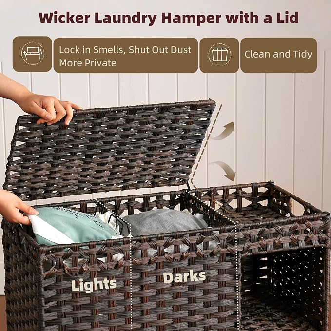 Laundry Hamper with Lid, 160L Rattan Wicker Laundry Basket with Wheels, Handwoven Laundry Hamper 2-Section with Storage shelf(42.3 Gal), Laundry Sorter Basket with Removable Liner, Brown HLH032BR - Image 9