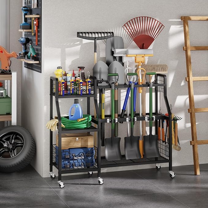 keomaisyto Garden Tool Organizer with 6 Wheels(3 lockable), Heavy Duty Yard Tool organizer with 2 Basket, Large Metal Garage Tool Organization and Storage for Garage/Shed/Yard/Broom Closet/Lawn - Image 8