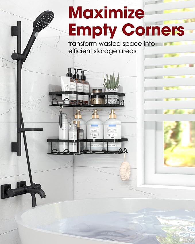 Sakugi Corner Shower Caddy - 2 Pack, Adhesive Shower Organizers, Rustproof Stainless Steel Shower Shelves with 8 Hooks, No Drilling Bathroom Organizers and Storage Racks, Space-Saving, Black, Large - Image 2