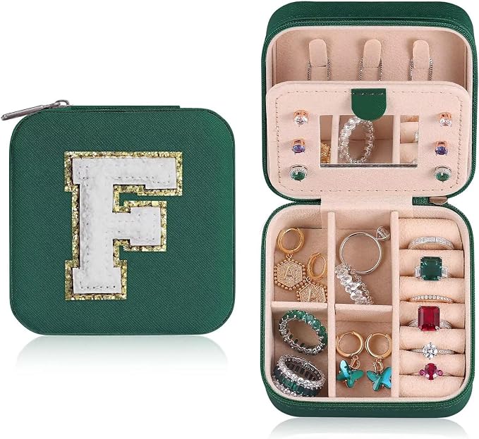 ETHOON Jewelry Travel Case Small Organizer Stocking Box Personalized Gifts Teenage Jewelry Accessories Holiday Christmas Gift for Women Green, Letter F by ETHOON