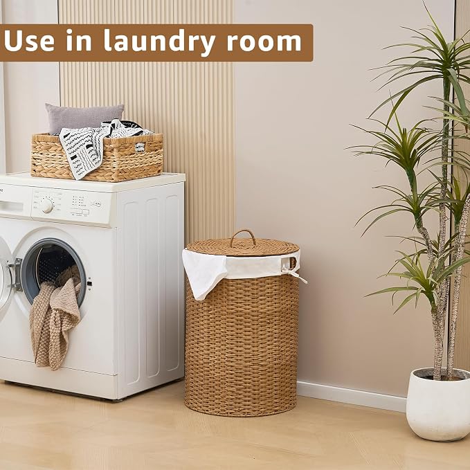 Round Wicker Laundry Hamper with Lid Handwoven Rattan Basket with Handles for Dirty Clothes, 2 Washable Liner Bags, No Assembly Required, Washable Basket, 90L - Image 5