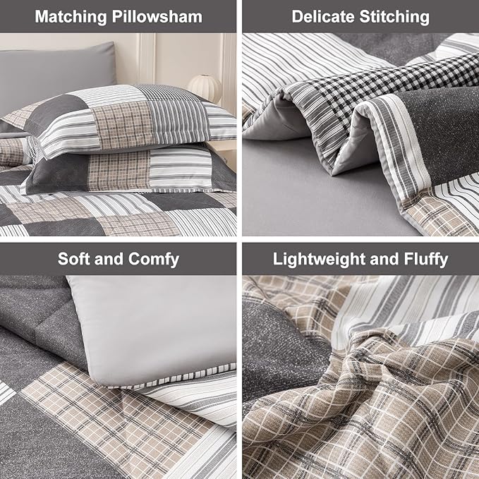Comforter Set King Size Plaid Patchwork Comforter Bedding-7 Piece Bed in a Bag,Soft Fluffy Reversible Microfiber Bedding Set(1 Comforter,1 Flat Sheet,1 Fitted Sheet,2 Pillowcases,2 Pillow Shams),Grey
