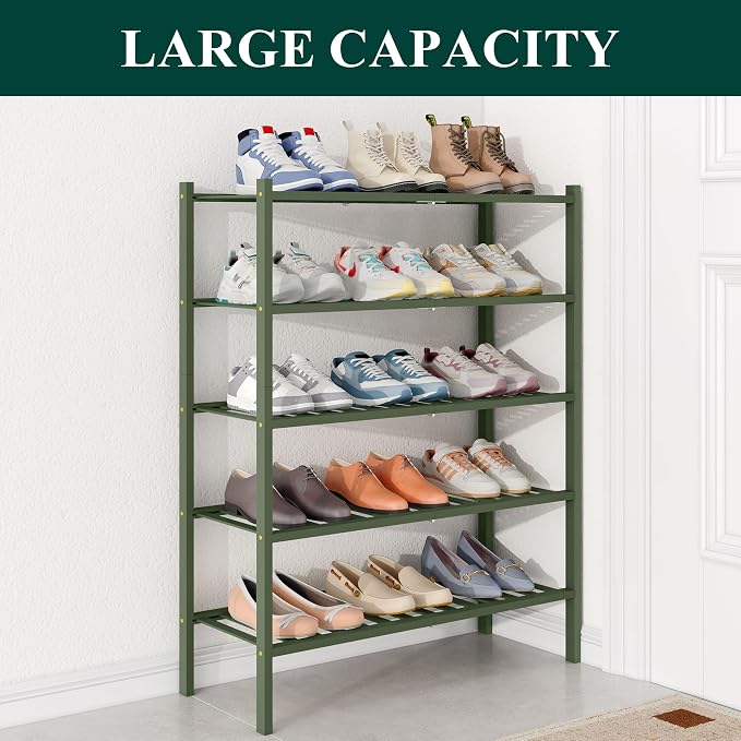 Smiry Bamboo Shoe Rack for Closet, 5 Tier Wooden Stackable Shoe Organizer, Free Standing Shoes Storage Shelf for Entryway, Front Door Entrance, Green - Image 4