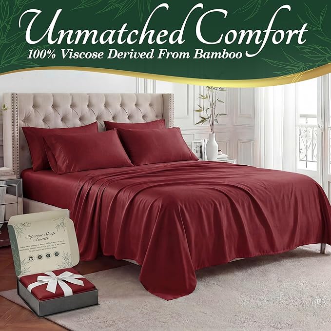 DECOLURE 100% Viscose Derived from Bamboo Sheets Twin Size - Luxury 4 Pc Naturally Cooling Sheets, Ultra Soft Bed Set - Deep 17" Pockets, Durable Double Stitching, Oeko Tex Standard (Burgundy)