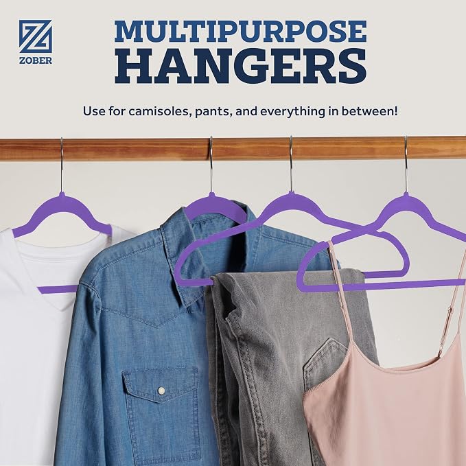 ZOBER Purple Velvet Hangers 50 Pack - Clothes Hangers, Coat Hanger for Pants & Dress Clothes - Non Slip w/ 360 Degree Swivel, Holds up to 10 lbs - Strong Felt Hanger for Clothing - Image 6