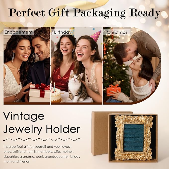 Vintage Ring Holder Rectangle Gold Velvet Display Stand - Baroque Jewelry Organizer Box Tray for Wedding Engagement Anniversary Women Birthday Christmas Gift Photograph Prop (MPF05-Gold Blue) - Image 6