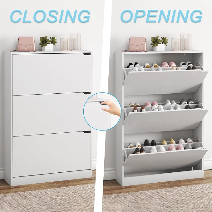 BORNOON Shoe Cabinet with 3 Flip Drawers, Hidden Wood Shoe Cabinet,Freestanding Shoe Storage Cabinet for Entryway Hallway.White. 47.2" H*31.5" W*9.45" D. - Image 5
