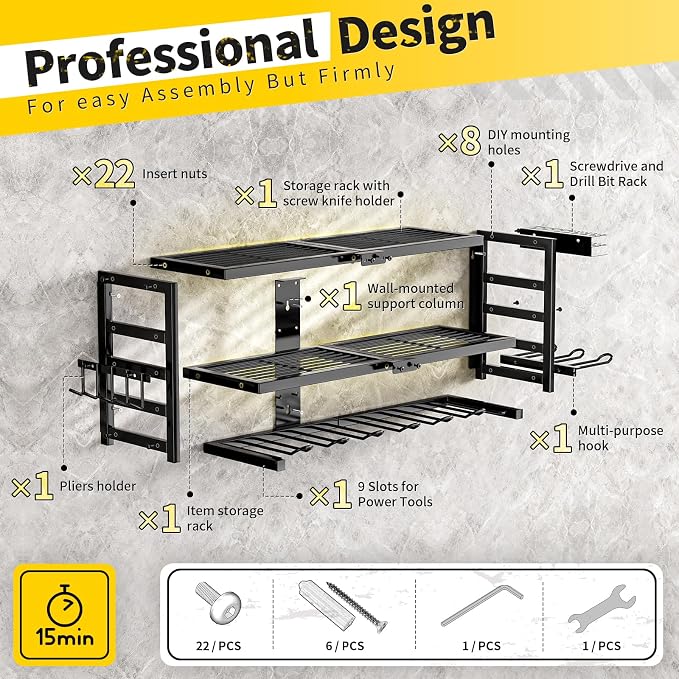 Power Tool Organizer Wall Mount Heavy Duty 320 lbs, 3 Layers Storage Rack with 9 Drill Holders & Battery Storage, cordless tool organizer for Garage, Workshop & Tool Room - Image 6
