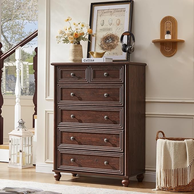 RWYHG Farmhouse 6 Drawer Dresser, Chest of Drawers for Bedroom, 43.5" Tall Walnut Kids Dresser with Roman Column and Metal Handles, Storage Dressers Organizer for Living Room, Hallway, Closet