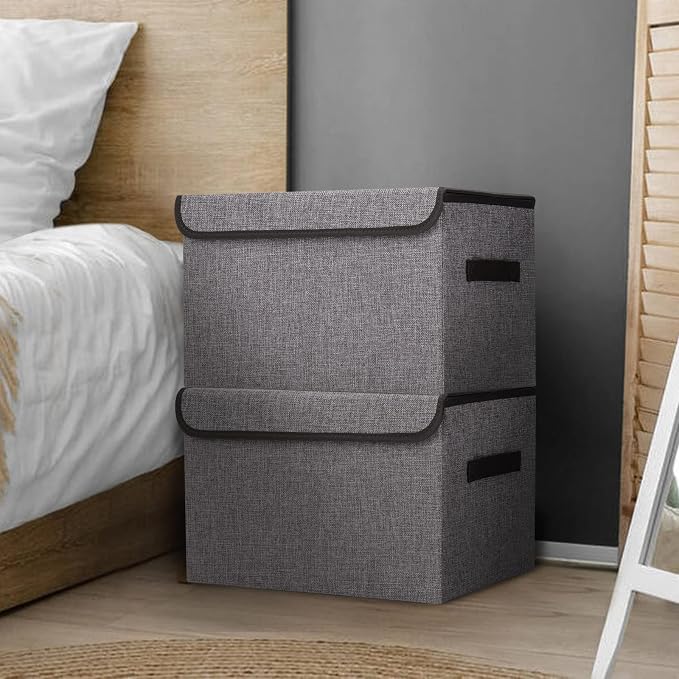 Bagnizer Large 17" 42 Quarts Collapsible Stackable Storage Bins with Lids [3-Pack] Foldable Fabric Linen Storage Boxes Cube, Closet Organizer Baskets with Label for Home (16.7 x 12 x 12, Gray) - Image 6