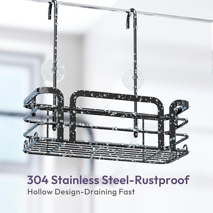 SWTYMIKI Shower Caddy Hanging Organizer - Over the Door Shower Caddy with 6 Hooks, 2 Installation Ways, Stainless Steel Rustproof Bathroom Organizer, Black - Image 7