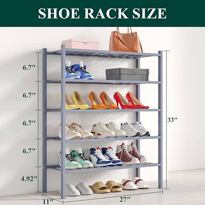 Smiry Shoe Rack, 5 Tier Bamboo Shoe Organizer, Stackable Free Standing Wooden Shoe Storage Shelf for Closet, Entryway, Front Door Entrance, Grey - Image 2